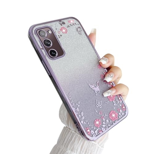 Image of for Samsung Galaxy S20 FE Case,S20 FE Case for Women Gradual Change Glitter Crystal Soft TPU Stylish Butterfly Floral Heart Clear Protective Cover with Strap for Samsung S20 FE (Purple)