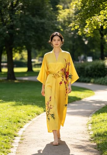 Image of Women's Classic 100% Silk Kimono Robe, Bathrobe-Printed Pattern