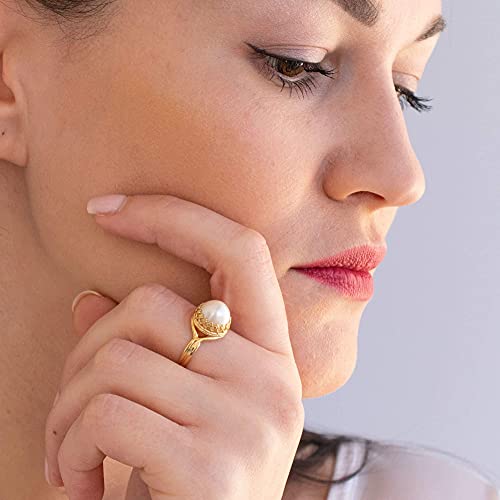 Pearl Adjustable Ring For Women In 14K Yellow Gold Plate On 925 Sterling Silver – 10Mm Round Gem - Bridesmaid Wedding Jewelry - Handmade Vintage Jewelry - Boho Ring - Flexible Fit To Every Finger #TOP2
