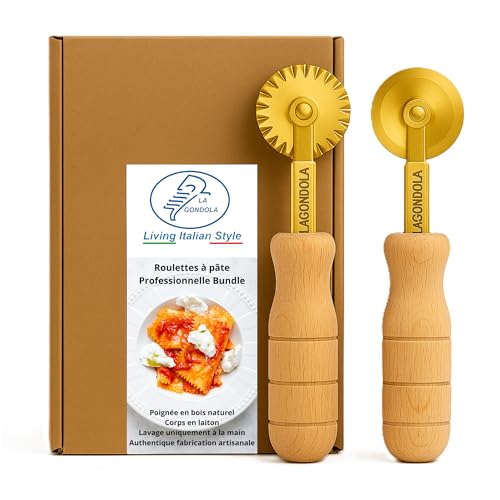 La Gondola Lot de 2 Roulettes Coupe-Pâtes - Roue Lisse et Roue Décoré | Outils de Préparation des Fait Maison Pâtes | Laiton & Bois Naturel Roulettes...