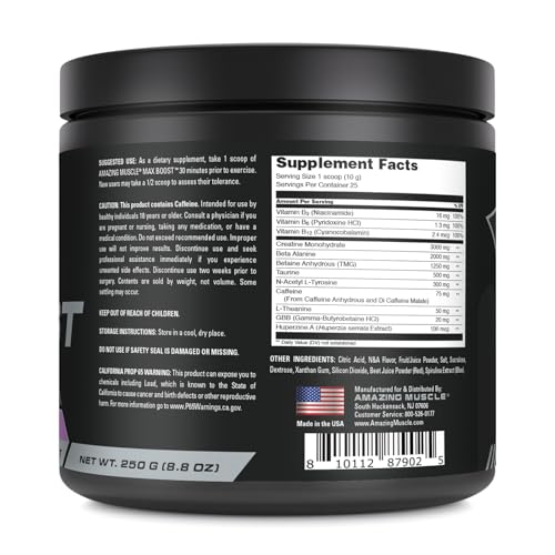 Image of Amazing Muscle Max Boost | 25 Servings | Intense Pre-Workout Supplement for Men & Women | Contains Creatine Monohydrate, Caffeine, Beta-Alanine, Betaine (25 Servings, Grape Candy)