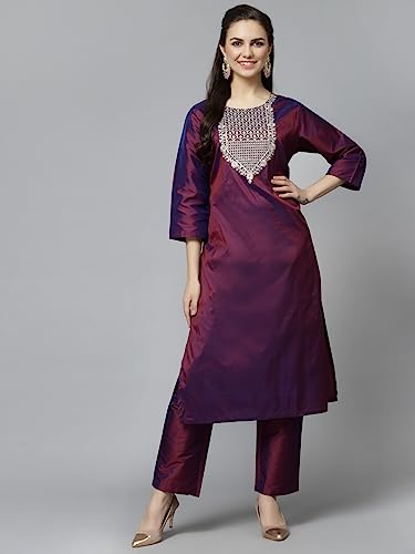 Image of LookMark Women's Art Silk Purple 3 /4 Sleeve Straight Kurta with Pant and Light Pink Color Dupatta(KS2065-S )