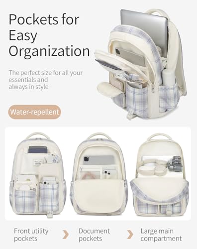 Image of Teen Girl School Backpack with Lunch Box, Cute Bookbag with Laptop Compartment for Big Student Women College Mochilas Escolares para Ninas, Beige