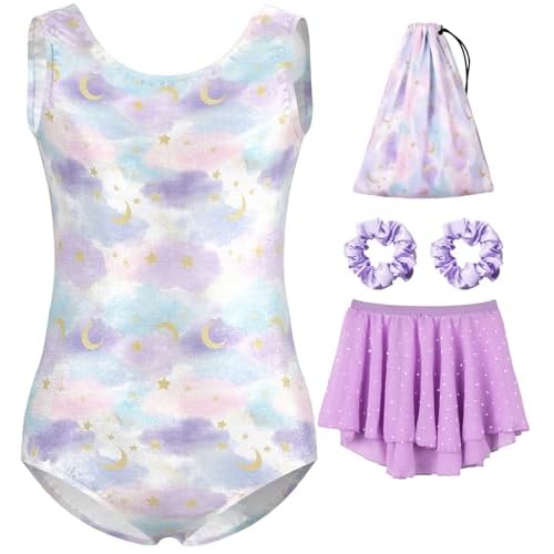 MOLLDAN Girls Gymnastics Leotards Tumbling Outfits Ballet Dance Dress with Removable Skirt Storage Bag Colorful Starry Sky Set 9-10 Years