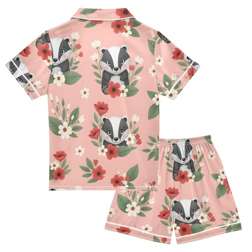 Satin Pajama Sets Short Sleeve Cute Badgers Among Flowers Pattern Button Down Silky Nightwear 2 Piece PJS 5-14Y2