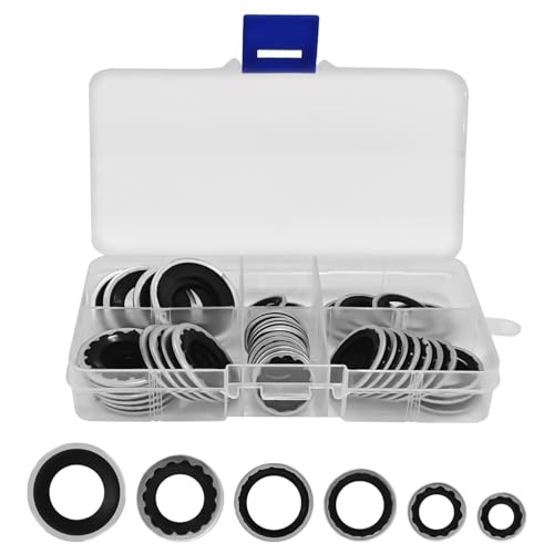 HHZL AC O Ring Seal Kit Gasket Sealer for Air Conditioning Compressor Port, AC O Ring Kit Seal Gasket Washer Assortment, 6 Size Bonded Rubber AC Compressor Seals Washer for Bumper Door Panel（45PCS）