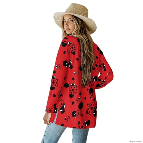 Image of Forchrinse Red Ladybug Cardigan for Women Causal Long Sleeve Open Front Cardigans Sweater Fashion 2024 Fall Coat with Pockets