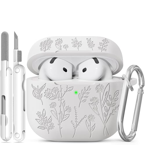 Image of for Airpods 4 Case, Ekoonpft Flower Engraved Cases for Apple AirPods 4th Generation 2024, Soft Silicone Cover for Women Girly with 3-in-1 Cleaner Kit, Keychain, Military Grade Protection