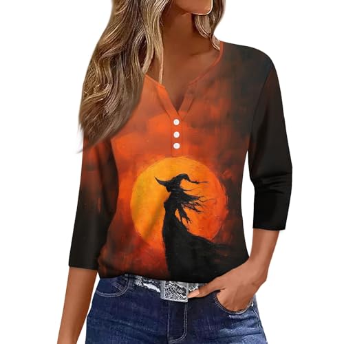 Halloween Henley Shirts for Women 3/4 Sleeve Witch Graphic Tees Vintage Festival Tops V Neck Sweatshirts Funny Costumes