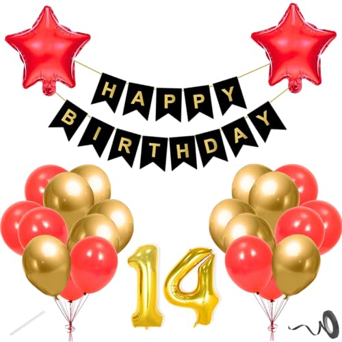 Image of Flyloons 14th Happy Birthday Decoration Kit Red Gold for Boys Girls Kids Twins Men Women With 20 Pcs Chrome Balloons Birthday Banner 2 Pcs Star Items Set