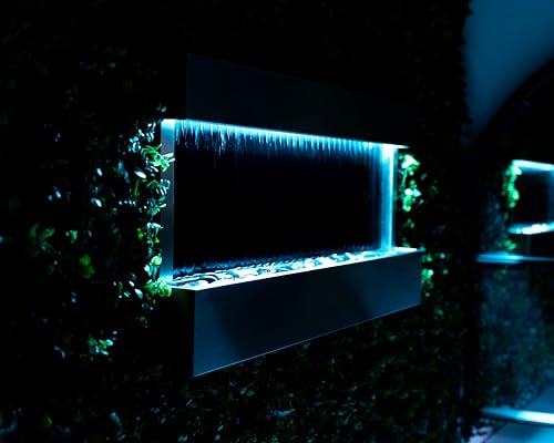 Image of 47 inch Indoor Wall-Mounted Waterfall Mirror Fountain with LED Lights & Smart Plug - Remote Control Water Feature, Modern Silver Decor with Rock Base by XBrand