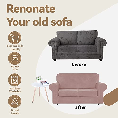 Weerrw Velvet Couch Covers For 2 Cushion Couch Sofa - High Stretch Luxury Velvet Plush 3 Pieces Sofa Slipcovers With Elastic Bottom, Furniture Protector For Pets, Machine Washable, Pink, Medium #TOP4