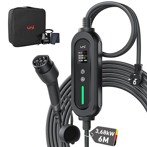 Cargador Coche Eléctrico, uni Cable de Carga Rápida de Vehículos Eléctricos, Corriente conmutable 6-16A 3.68KW, EV Schuko Tipo 2 Cargador, Cable...