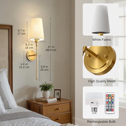 Image of DORESshop Battery Operated Wall Sconce Set of 2, Wireless Wall Light Easy to Install, 15 Color Rechargeable Wall Sconces, Sconce Wall Decor Set of 2 for Bedroom, Living Room, Gold, 27in