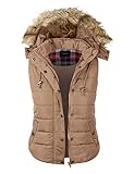 makeitmint Women's Plaid Hooded Padded Vest w/Detachable Faux Fur Trim