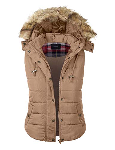 makeitmint Women's Plaid Hooded Padded Vest w/Detachable Faux Fur Trim