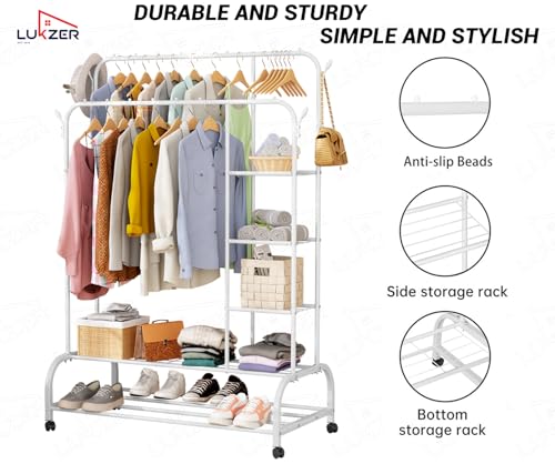 Image of Lukzer Metal Garment Stand with 6 Shelves & Double Rods, Heavy-Duty Clothing Rack with Side Hooks & Wheels, Multi-Functional Storage Organizer for Bedroom, Laundry & Entryway - (MGS-008 /White)