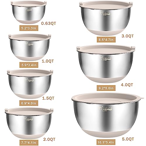 Wildone Mixing Bowls with Airtight Lids, 27 PCS Stainless Steel Nesting Bowls, with 3 Grater Attachments, Scale Mark & Non-Slip Bottom, Size 5, 4, 3, 2, 1.5, 1, 0.63QT, Ideal for Mixing & Prepping
