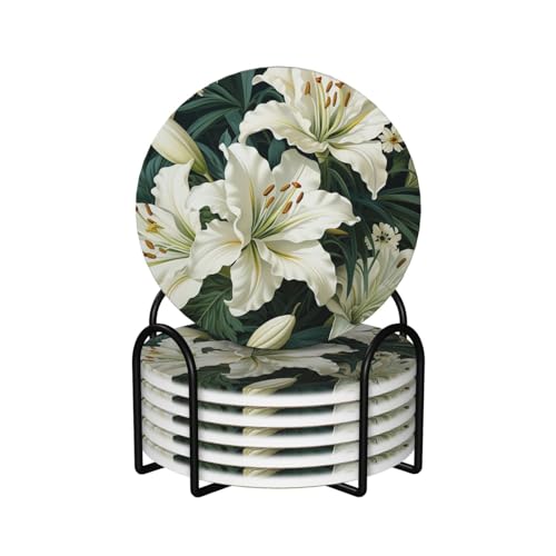Dessous de verre en céramique absorbant motif lys avec support pour protection table - 2