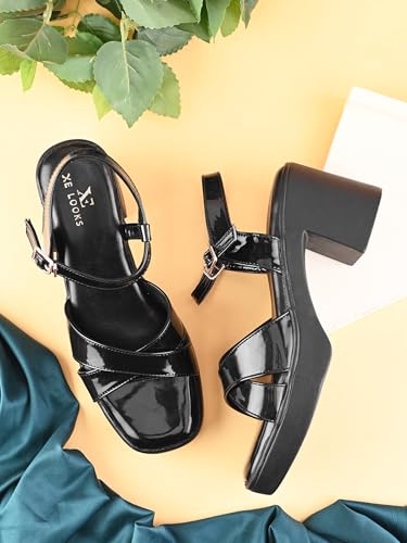 Image of XE Looks Elegant Block Heel Sandals | Front Strap with Intricate Embellishments | Padded Insole for Comfort | Trendy and Lightweight |For Girls