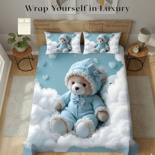 Image of 7D Fairy Tale Collection Double Bedsheet 90x100 inch with 2 Pillow Covers | Good Stitching, Soft Fabric & Vibrant 7D Digital Print for Kids & Couples (Sky Blue)