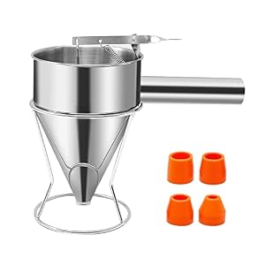 Hoypeyfiy Stainless Steel Funnel Octopus Balls Tools 1.2 L Pancake Batter Dispenser with 4 Leakage Nozzles Cake Cupcake Desserts Maker Confectionery Funnel for Kitchen Bakery