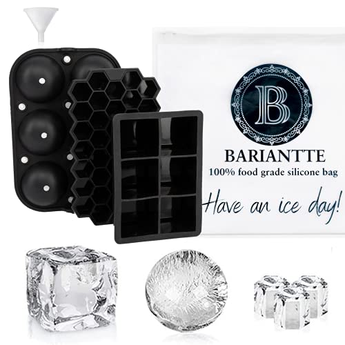 Bariantte Set of 3 Ice Molds Whiskey Ice Cube Trays Ball Silicone Mold Mini Cocktail Ice Molds with Ziplock Ice Bag- Big Ice Cube Trays Silicone + Ball Ice Cube Mold + Hexagon Ice Molds for Cocktails