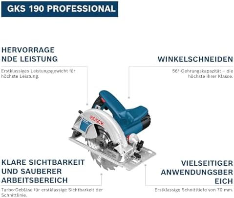 Bild 1 - Bosch Professional Kreissäge GKS 190 (Leistung 1400 Watt, Kreissägeblatt: 190 mm, Schnitttiefe: 70mm inkl. HM-Kreissägeblatt, Absaugadapter, Parallelanschlag, Sechskantstiftschlüssel)