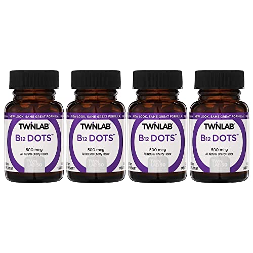 Twinlab B12 Dots - Vegetarian Vitamin B12 Sublingual Natural Energy Pills - For Nerve & Brain Health, Energy Boost & Daily Immune Support - 500Mcg, Cherry Flavor 100 Lozenges, 4 Pack #TOP18
