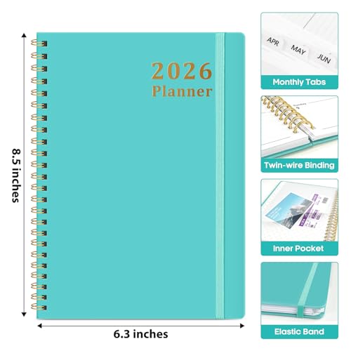 2026 Planner, Weekly and Monthly Calendar Planner, January 2026 - December 2026, Hardcover 2026 Calendar Book with Tabs For Women & Men, Inner Pocket, Spiral Bound, Perfect for Office Home School Supplies - A5 (6.3" x 8.5"), Aquamarine