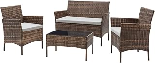 TMEE Rattan Garden Outdoor Furniture Set 4 Seaters Patio Conversation 4 Pcs PE Wicker Sofa Chairs with Cushions and Coffee Table for Poolside Backyard Balcony, Yellow Brown