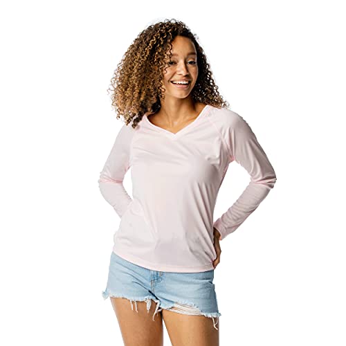 Vapor Apparel Women's V-Neck Upf 50+ Sun Protection Outdoor Performance Long Sleeve T-Shirt Large Pink Blossom #TOP24