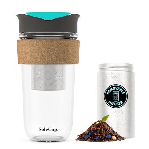 SoleCup. Travel Mug Loose Tea Infuser - Detachable Tea Strainer with Spillproof Lid - BPA-Free Reusable Glass Travel Coffee Cup with Cork Band (Grey and Blue, 530ml / 18oz)