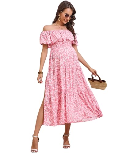 KOJOOIN Umstandskleid Damen Sommer Elegant Schwangerschaftskleid mit Schulterfreiheit R&uuml;schen Umstandsmode Midi Stillkleid Rosa L