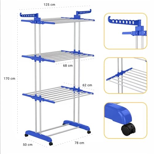 Miniatura 2 de Mi Ko Mi Ka Tendedero Plegable De Acero Inoxidable Para Ropa, 4 Niveles Con Alas Laterales, 6 Bandejas Retráctiles, 35 Kg De Capacidad, 4 Ruedas 360 Y Diseño Plegable Para Ahorrar Espacio Gris