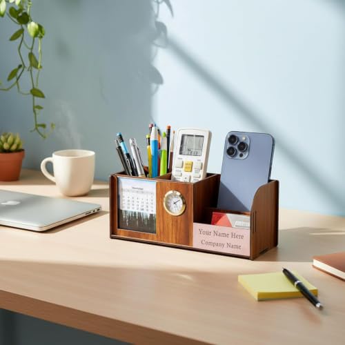 Image of Deskart Personalized Pen Holder Stand with Clock, Two Years Calendar, Business Visiting Card & Mobile Holder | Multipurpose Desk Organizer with Name Engraving for Office Desk and Gifting