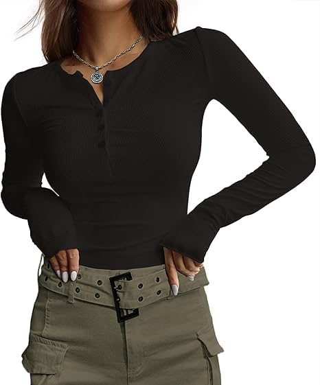ELESOL Women's Long Sleeve Shirts 3 Packs Henley Button Down Tops Ribbed Slim Fit Base Layer Soft Thermal Tee