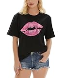 Generic Women Pink Kiss Lips Print T-Shirt Cotton Cute Funny Graphic T-Shirts Black 3XL
