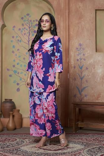 Leriya Fashion Women Ethnic Kurta Set | Rayon Co-Ord Set | Fancy Pajama Set | Pack Of 2 | Floral Printed Top & Pant Set | Full Pair Set | A-Line Kurta Set (X-Large, Navy Blue) Lf-K-W1853&Tr910