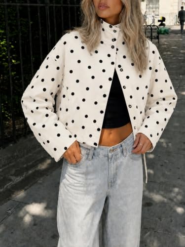 Fisoew Womens Polka Dot Cropped Jacket Zip Up Drawstring Lightweight Coat - image 4