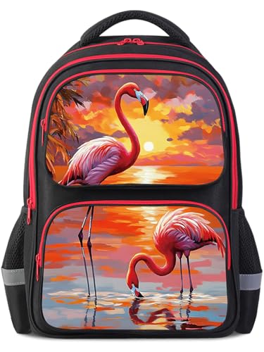 HiMagics School Backpack For Boys Girls Backpack For Kids Toddler Teens Elementary Middle School 17 inch Boys Backpacks Ages 6-18 Travel Book bag with Chest Strap Flamingo Pattern