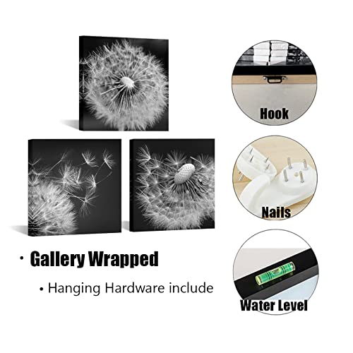 Simiwow Black And White Dandelion Flower Picture Floral Painting Art Print On Canvas Framed Artwork Bathroom Bedroom Farmhouse Living Room Wall Decor 12 X 12 Inch X 3 Panel #TOP5