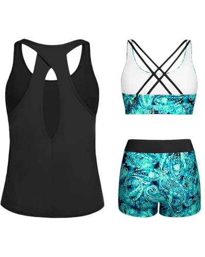 Image of 3 Piece Tankini Long Sleeve Swimsuits Athletic Rash Guard Bathing Suits | Modest,Full Coverage,High Waisted Short,Quick Dry,Criss Cross Back