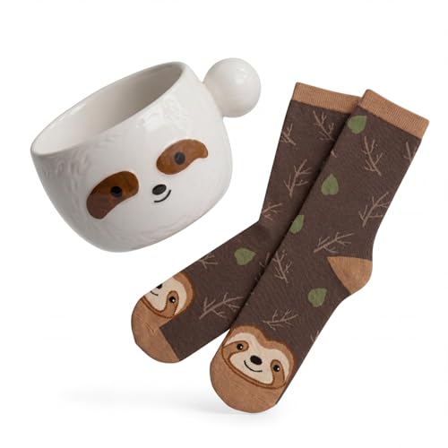 Image of Nuenen 2 Pcs Sloth Gifts Set, Cute Coffee Mug & Socks Gift for Sloth Lover | Sloth Gift Set With Coffee Mug And Cozy Brown Socks, Cute Birthday Gift For Women, Men, Friends, Family And Sloth Lovers