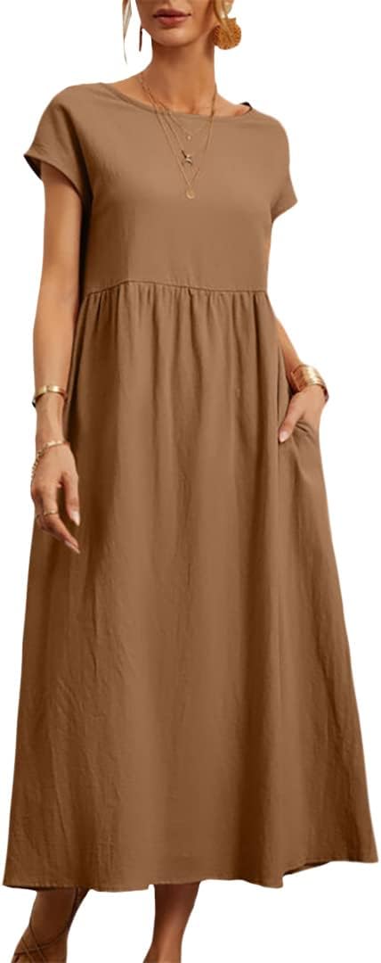 Womens Solid Cotton Linen Dress Maxi Cap Sleeve Crewneck Casual Summer Basic Dresses with Pockets 2025