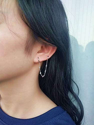 Double Hoops Cz Chain Drop Dangle Cartilage Small Hoop Earrings For Women Teen Girls 925 Sterling Silver Punk Unique Personalized Hypoallergenic Climber Crawler Two Holes Earrings Bff 1Pcs (Silver) #TOP3