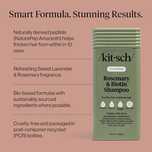 Image of Kitsch Volumizing Rosemary & Biotin Liquid Shampoo for Hair Growth - Shampoo for Men and Women, Boosts Fullness & Shine After 1 Use - Clean Bio-Based Hair Care, Color-Safe, Made in USA - 12 oz
