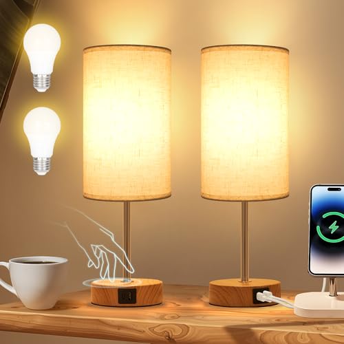 Erumpere Bedside Lamp with USB A+C Port Set of 2 - Touch Control Table Lamp for Bedroom 3 Way Dimmable Nightstand Lamp with Linen Fabric Shade for Living Room, Dorm, Home Office (LED Bulb Included)