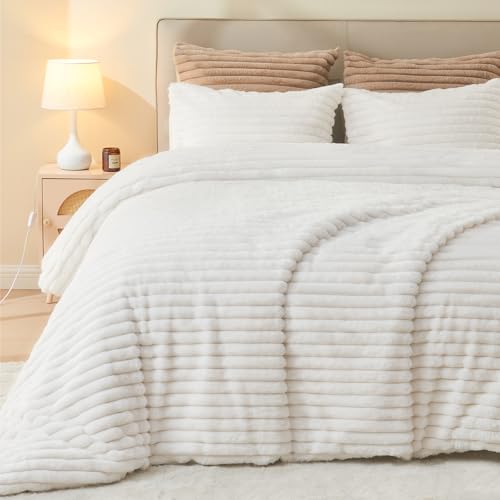 EMME Gestreifte Plüsch Bettwäsche 200x200 - Winterbettwäsche aus Kaninchenfell-Imitat mit Elegantem Streifen-Design, Ultra Weicher Bettbezug mit...