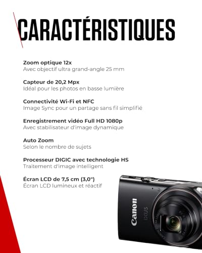 Canon IXUS 285 HS A Appareil Photo Numérique Compact 20,2 MP, Zoom Optique 12x, Vidéo Full HD, Wi‑FI et NFC, Appareil Photo de Voyage et Quotidien, Noir